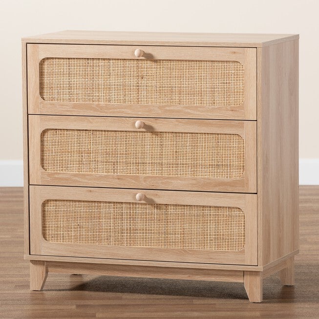 Elsbeth Japandi Oak Brown Finished Wood And Natural Rattan 3-Drawer Storage Cabinet, , alternate image number null