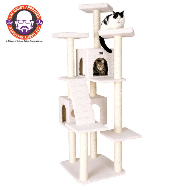 Classic 77 inches Multi Levels Real Wood Cat Tree With Ramp, Three Perches, Two Condos, IVORY, hi-res image number null