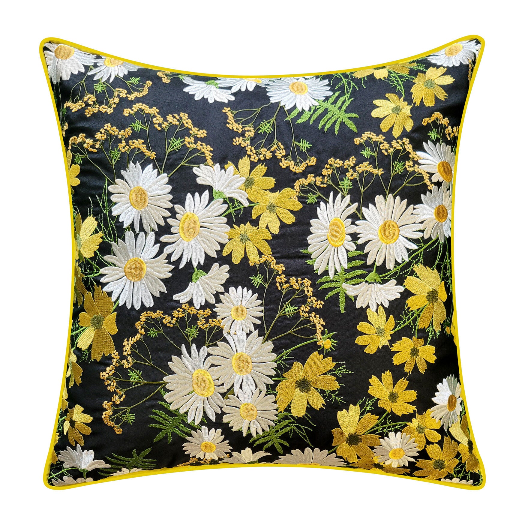 Indoor/Outdoor Floral Print With Allover Embroidery Decorative Throw Pillow 20X20, Black Multi, BLACK MULTI, hi-res image number 0