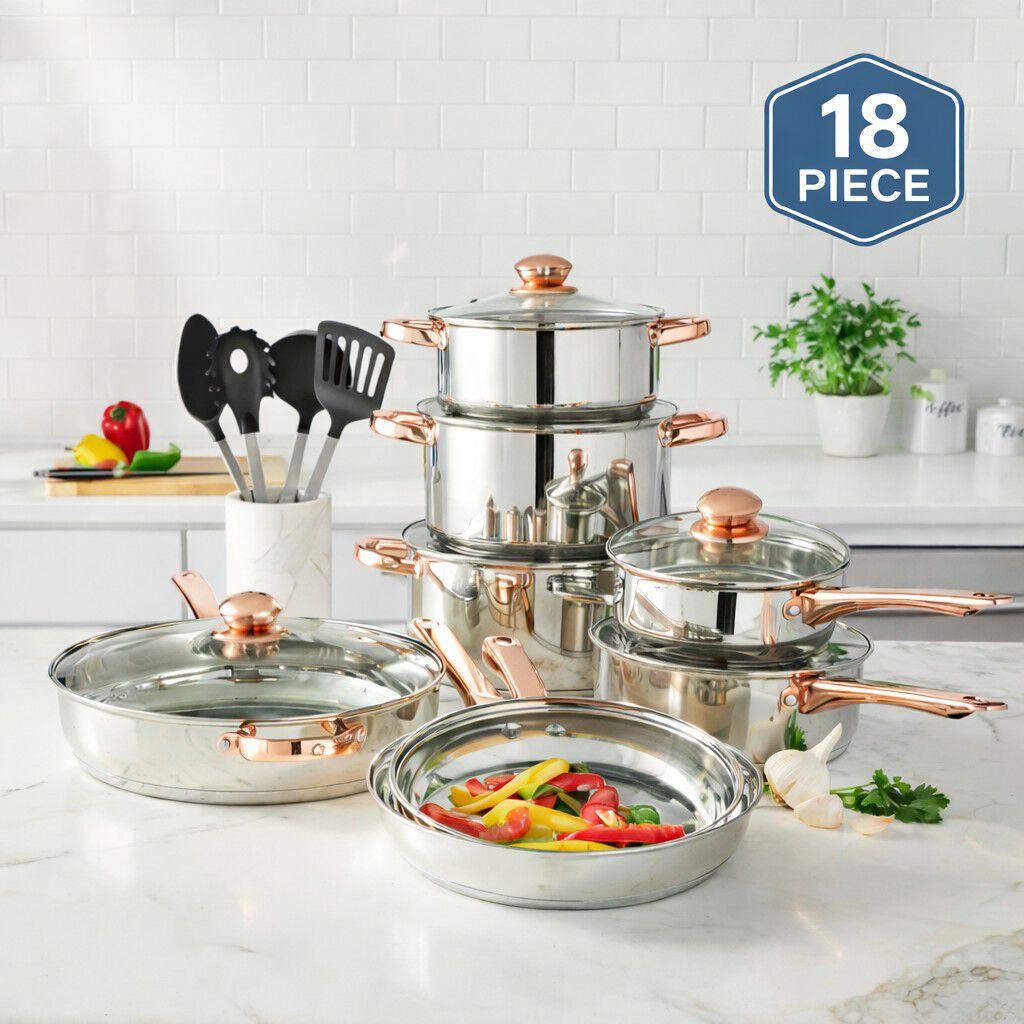 18-Piece Copper Accent Stainless Steel Cookware Set