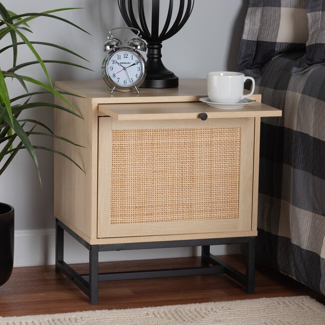 Caterina Mid-Century Modern Transitional Natural Brown Finished Wood And Natural Rattan 1-Door Nightstand With Pull-Out Shelf, , alternate image number 7