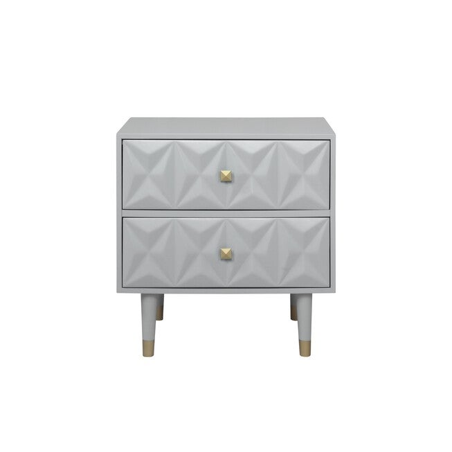 Two-drawer geo texture nightstand with faceted drawer fronts and gold square pulls