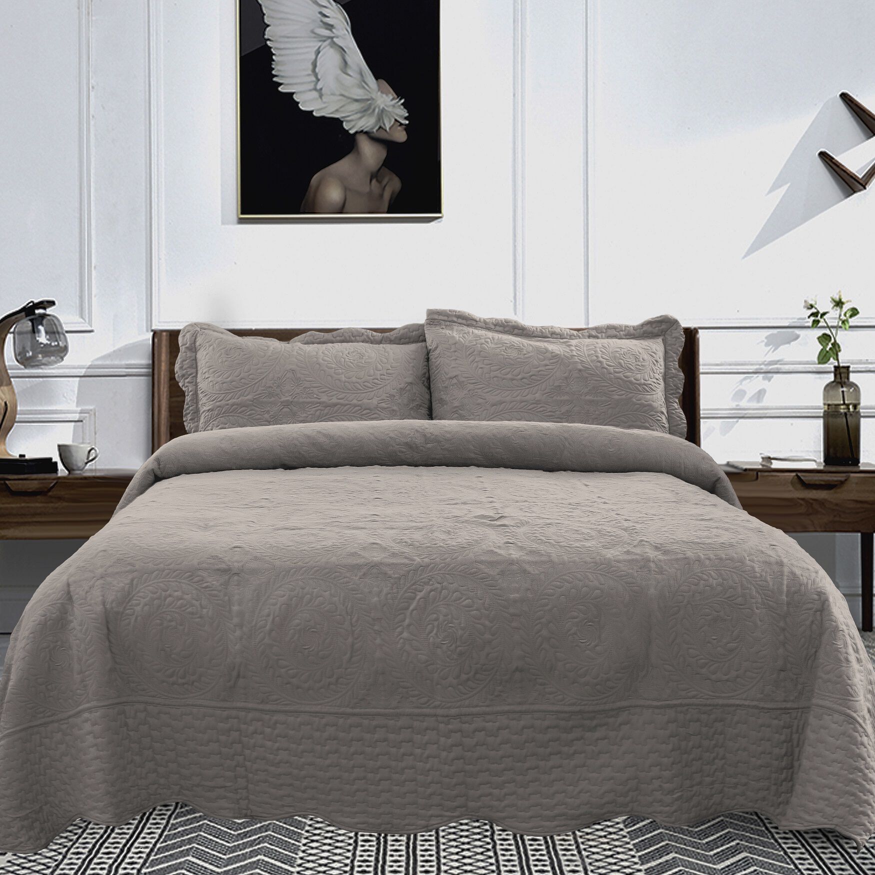Embroidered Oversized Scalloped Edge Quilt Set, TAUPE, hi-res image number 0