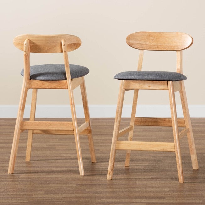 Ulyana Mid-Century Modern Grey Fabric And Natural Brown Finished Wood 2-Piece Counter Stool Set, , alternate image number 6