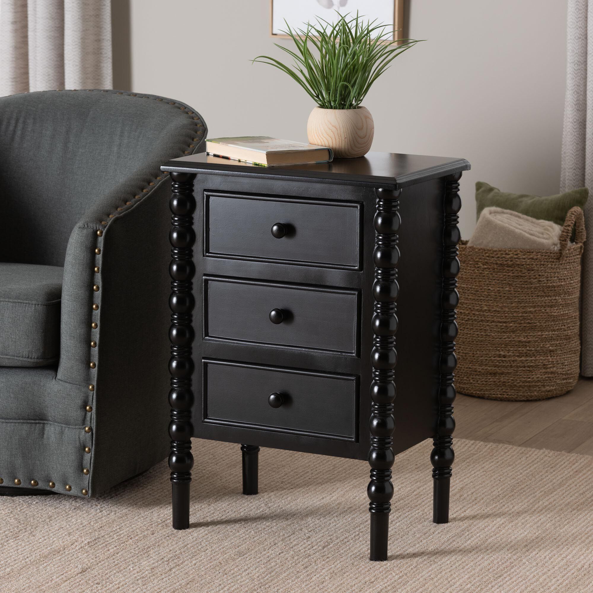 Malinda Classic White Wood 3-Drawer End Table with Spindle Legs, BLACK, hi-res image number 0