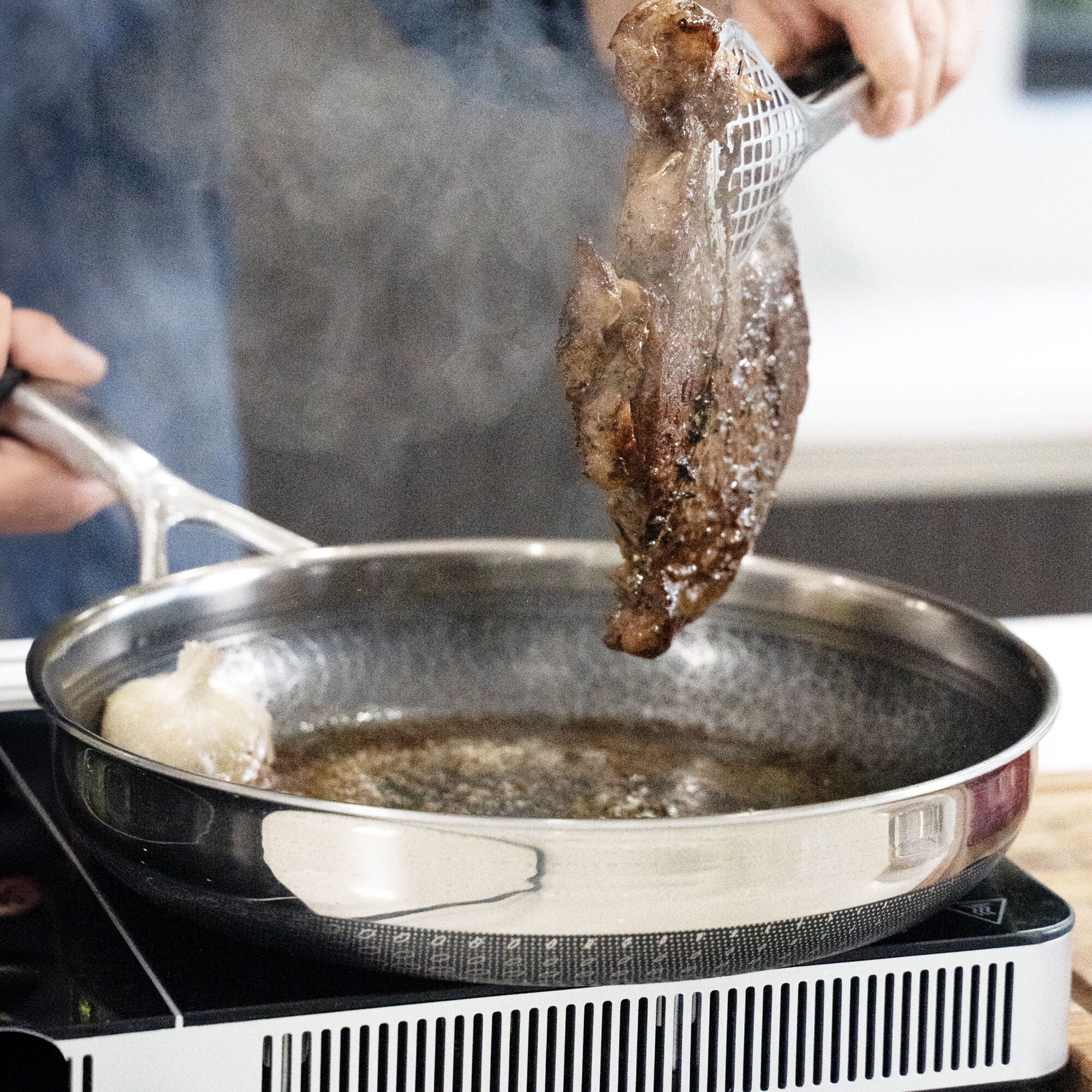 LIVWELL DiamondClad™ 12 inches Hybrid Nonstick Stainless Steel Frying Pan, Dishwasher Safe, PFOA-free – Silver/Black, SILVER, on-hover image number 1