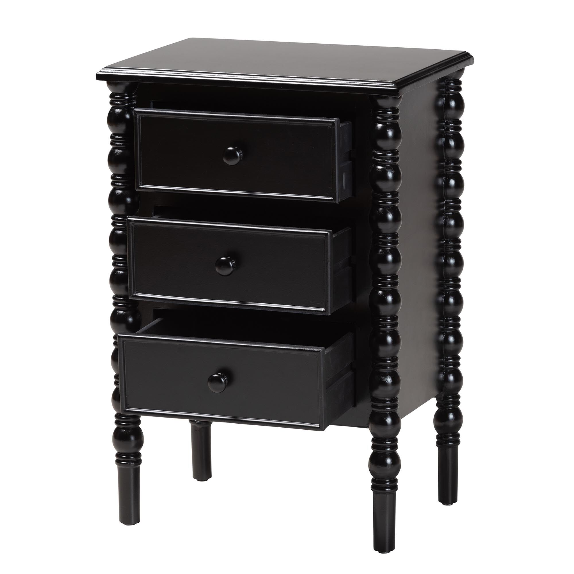 Malinda Classic White Wood 3-Drawer End Table with Spindle Legs, BLACK, alternate image number 2