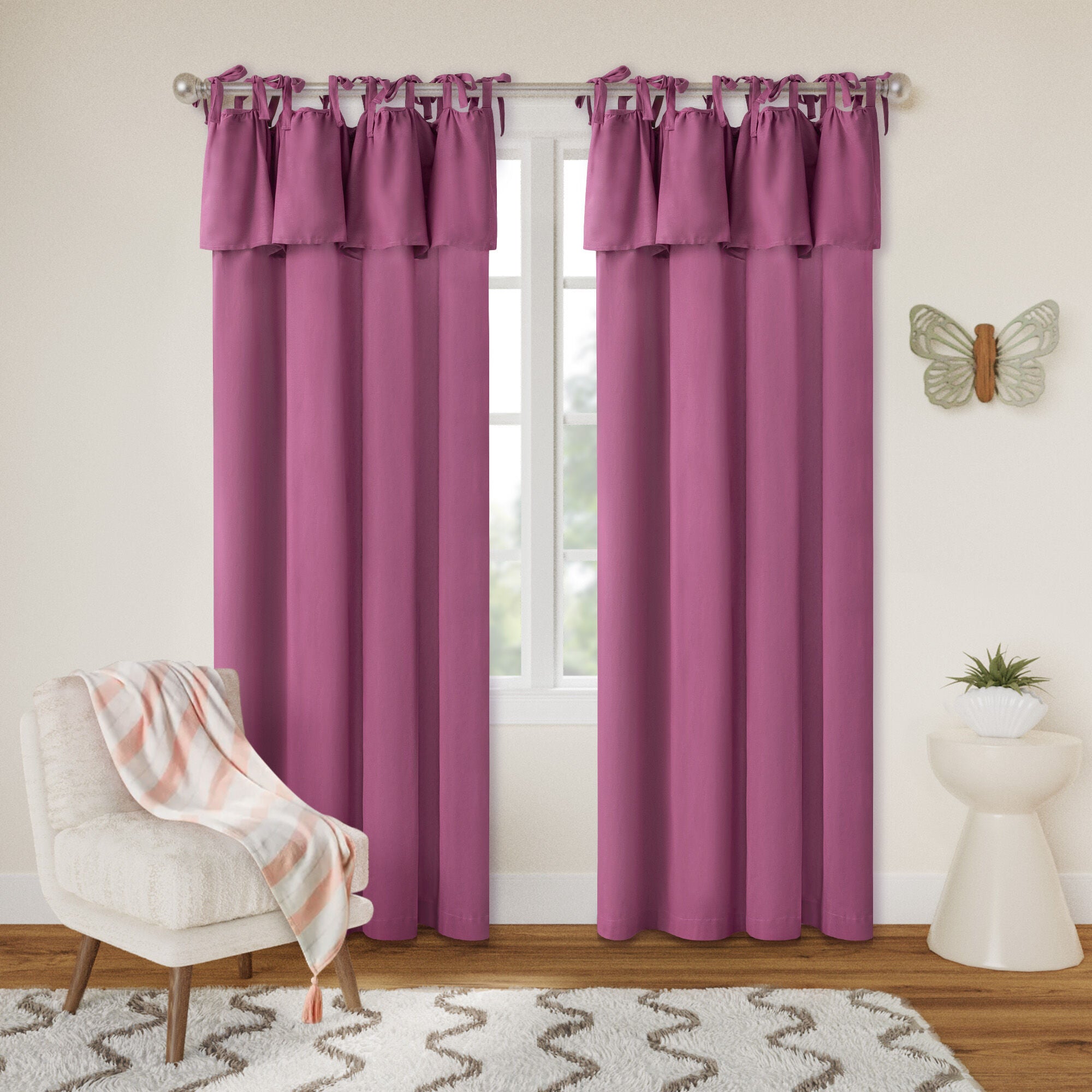 Recycled Cotton Blend Ruffle Tie Top Curtain Pair, MAUVE, hi-res image number 0