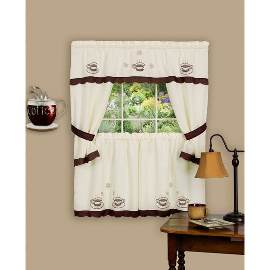 Cuppa Joe Embellished Cottage Window Curtain Set, BROWN, hi-res image number null