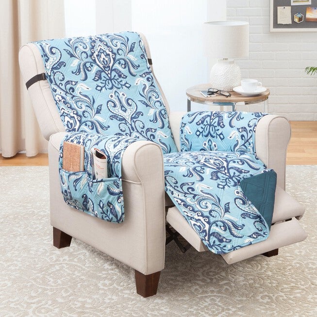 Printed Reversible Quilted Recliner Chair Protector, BLUE, hi-res image number null
