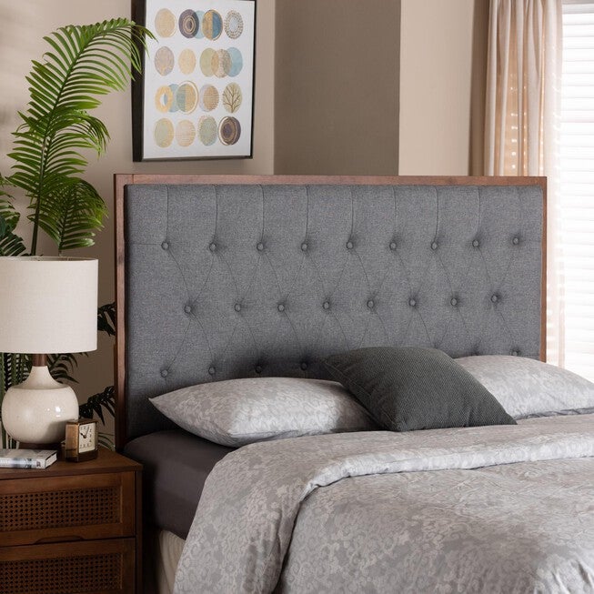 Harumi Classic And Traditional Grey Fabric And Walnut Brown Finished Wood King Size Headboard, , alternate image number null
