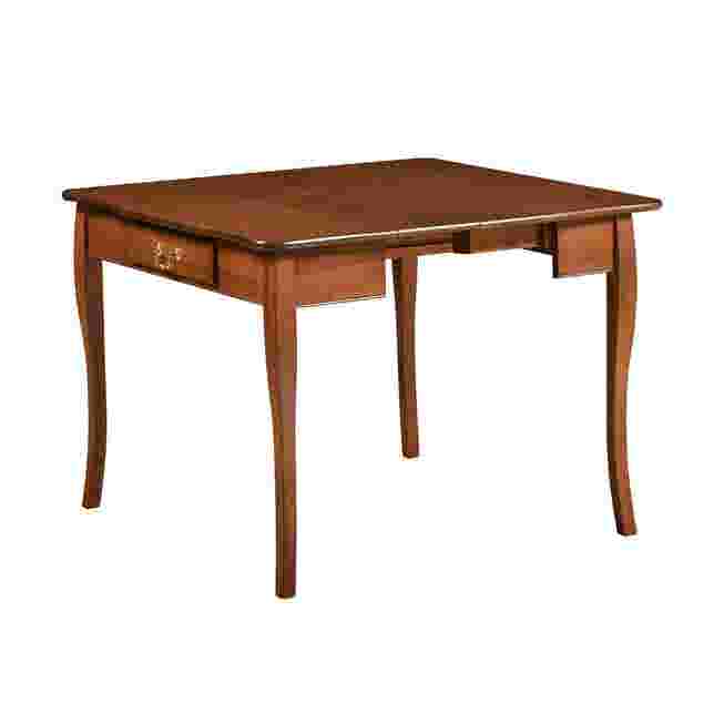 Wooden expanding table with curved legs and drawers from a front angle