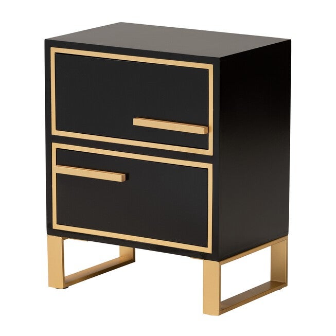 Giolla Contemporary Glam And Luxe Black Finished Wood And Gold Metal 2-Drawer Nightstand, BLACK GOLD, hi-res image number 0
