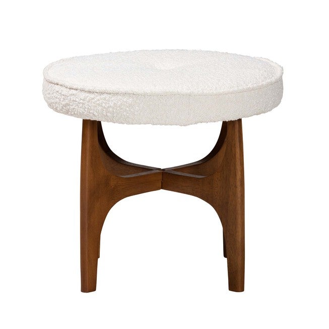 Theo Japandi Cream Boucle Fabric And Walnut Brown Finished Rubberwood Ottoman Footstool, , on-hover image number 1