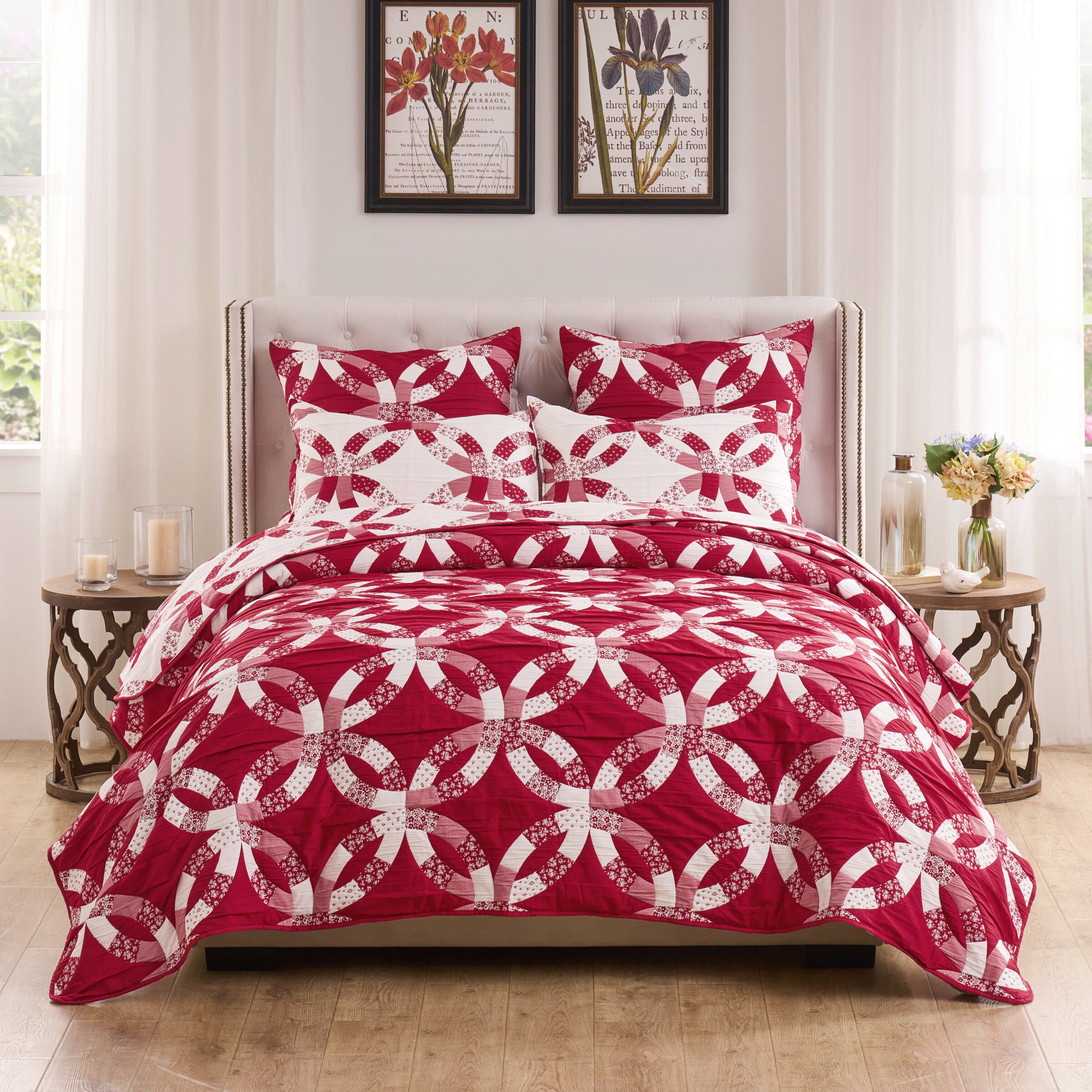 Wedding Ring Floral Reversible Coverlet Set, Red, RED, alternate image number 4