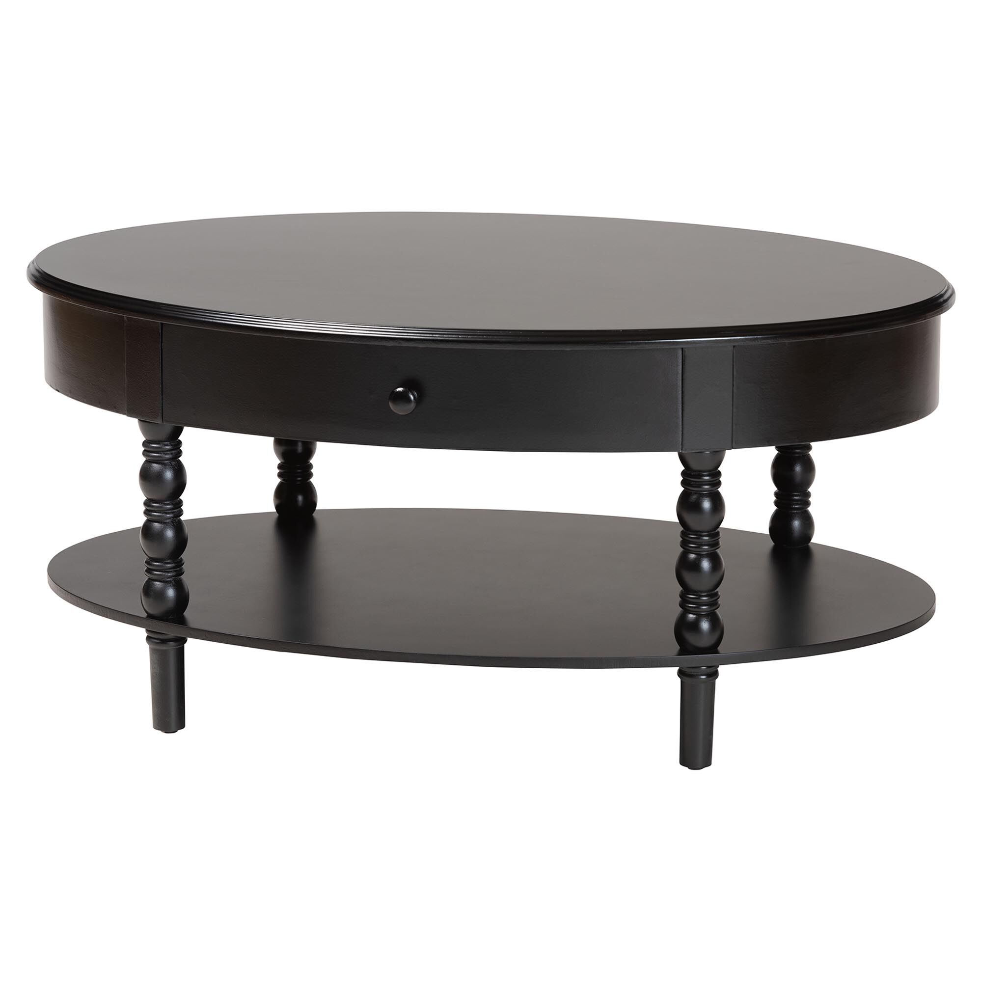Round dark wood coffee table with a single small drawer in the center and two lower shelves; classic turned legs.