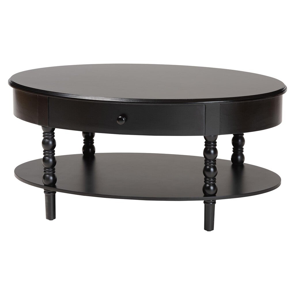 Round dark wood coffee table with a single small drawer in the center and two lower shelves; classic turned legs.