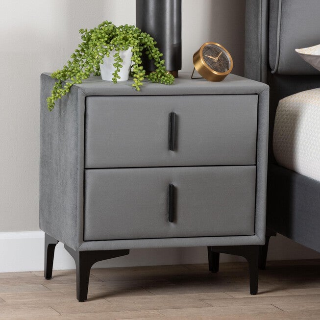 Etienne Modern Slate Grey Velvet 2-Drawer Nightstand, SLATE, hi-res image number 0