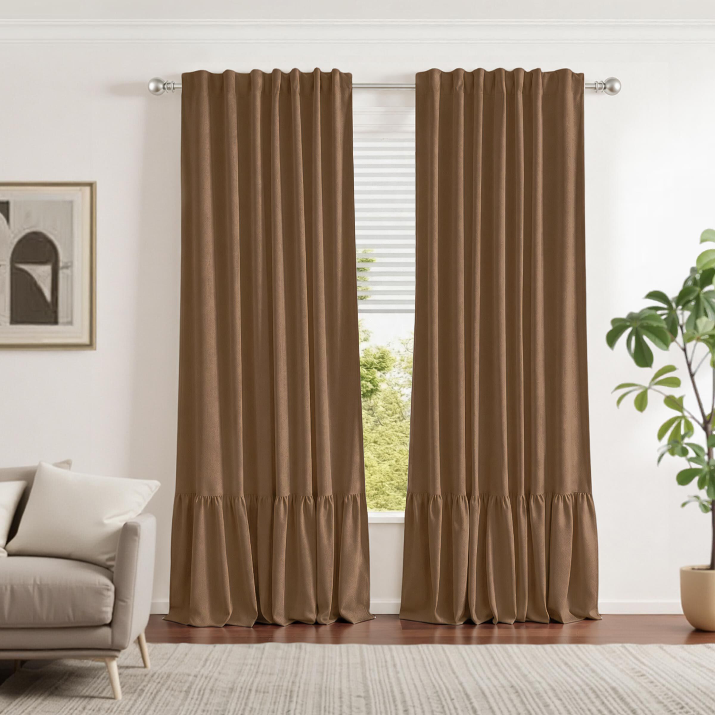 100% Blackout Recycled Cotton Ruffle Curtain Pair, COFFEE, alternate image number 5
