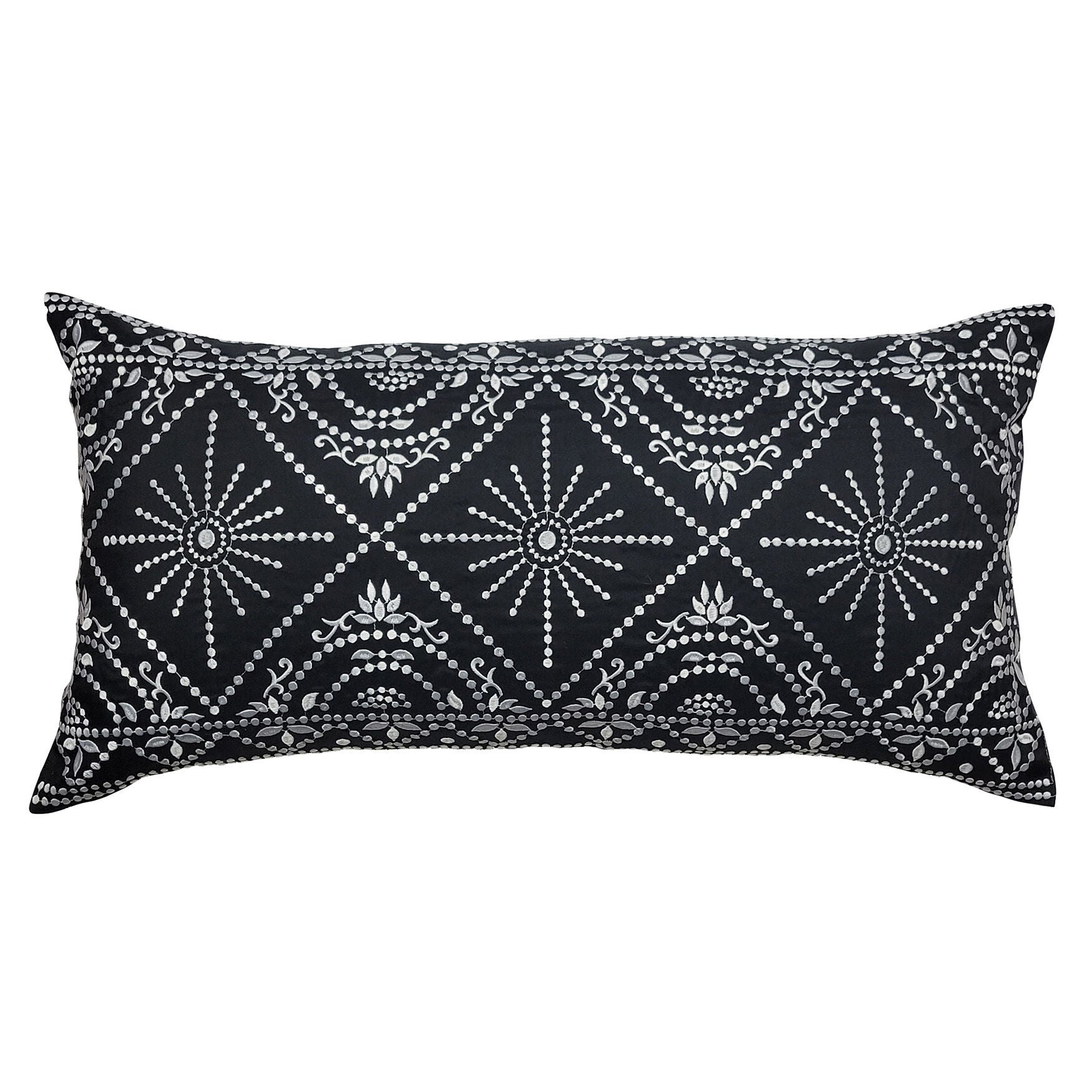 Indoor/Outdoor Embroidered Tile Oblong Decorative Throw Pillow 15X30, Black/White, BLACK WHITE, hi-res image number 0
