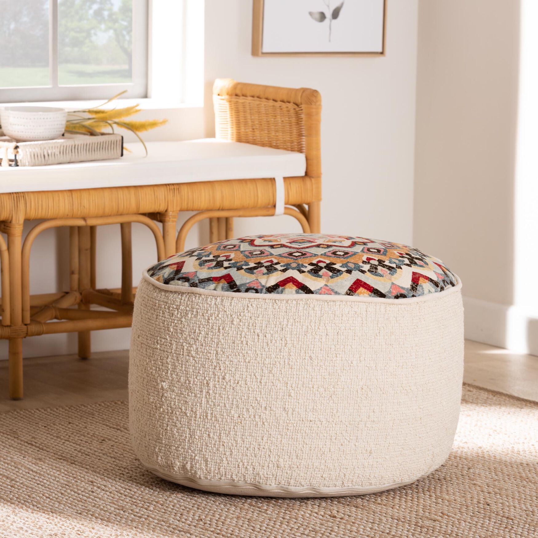 Durrus Vintage Cream And Multicolor Fabric Ottoman Pouf, , alternate image number 2
