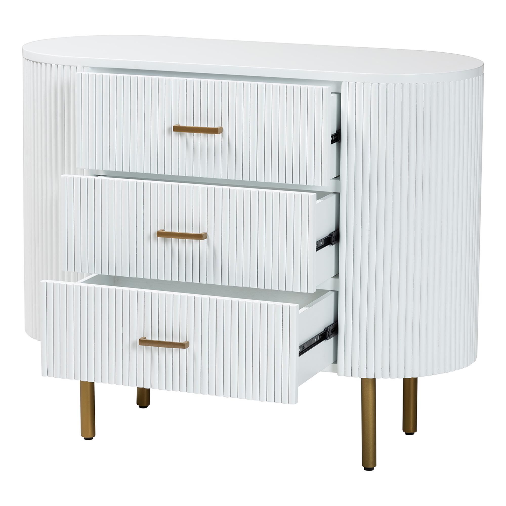White fluted dresser showing three open drawers with gold bar pulls