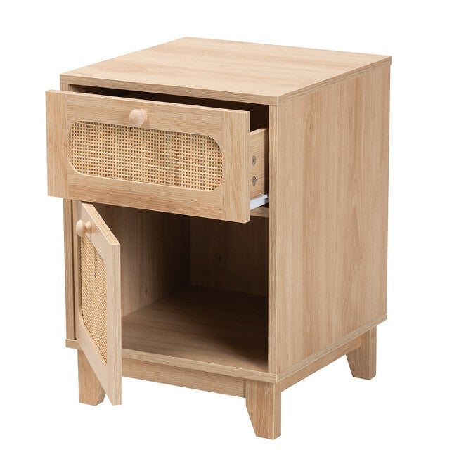 Elsbeth Mid-Century Modern Light Brown Finished Wood And Natural Rattan 1-Drawer End Table, , on-hover image number 1