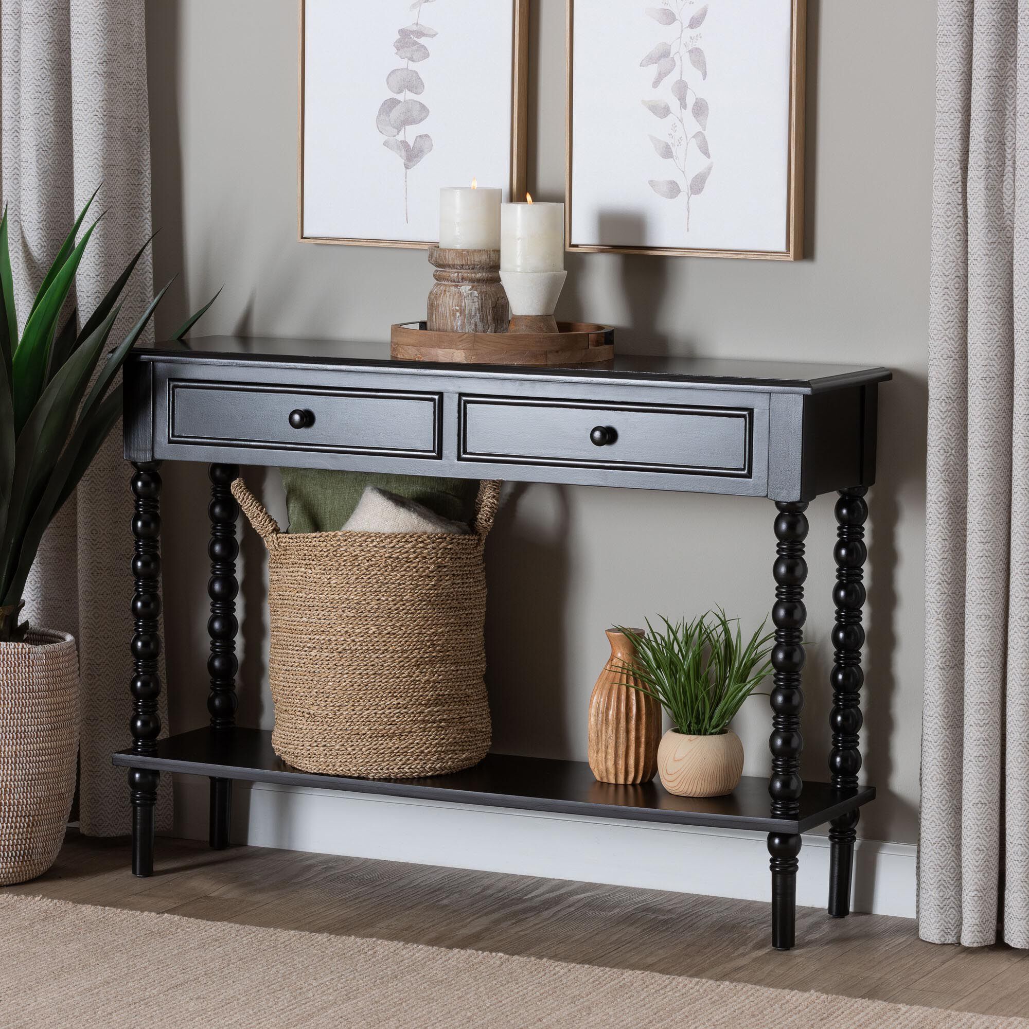 Malinda Classic Black Wood 2-Drawer Console Table with Spindle Legs, BLACK, hi-res image number 0