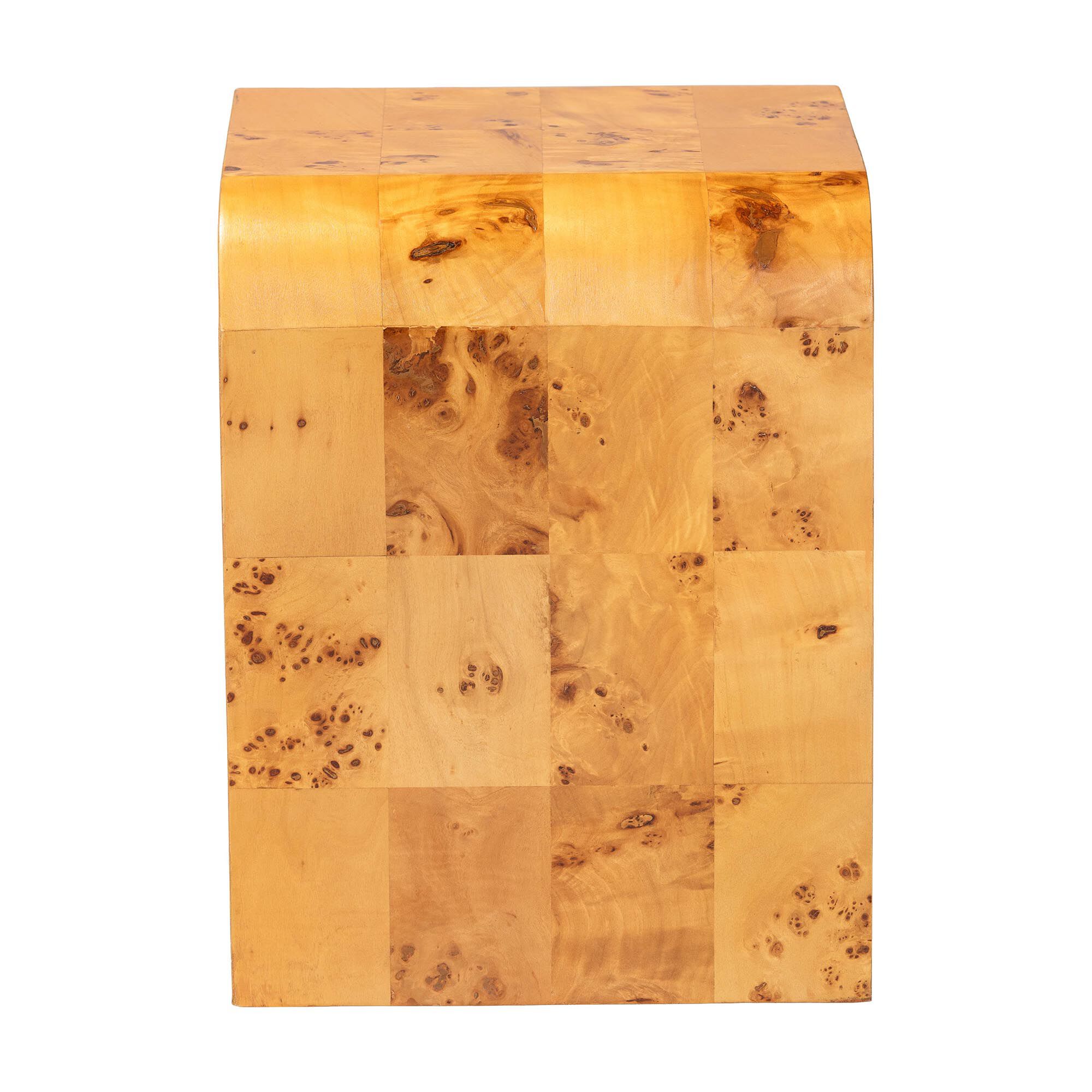 Top surface of the end table showing a patchwork burl wood veneer pattern.