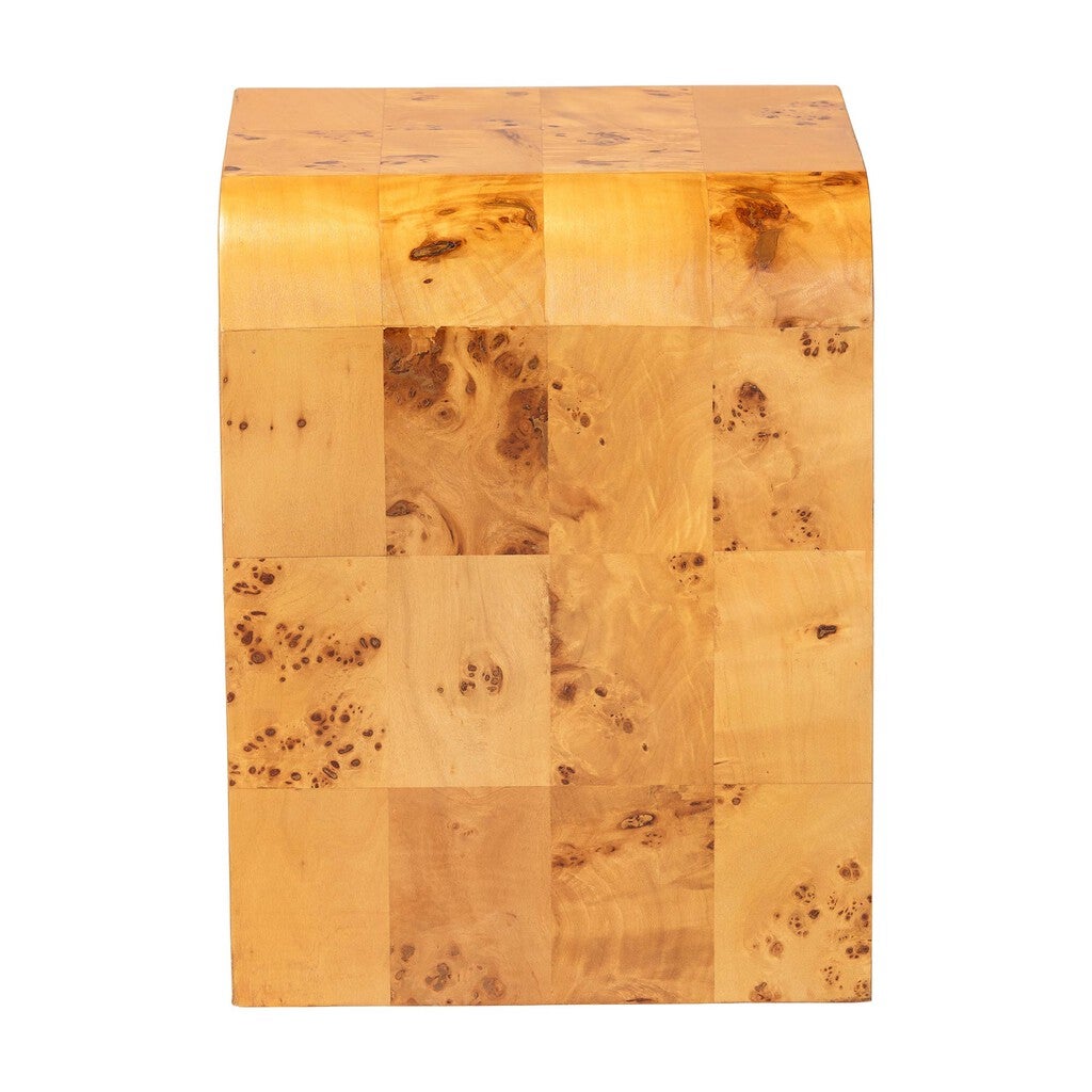 Top surface of the end table showing a patchwork burl wood veneer pattern.