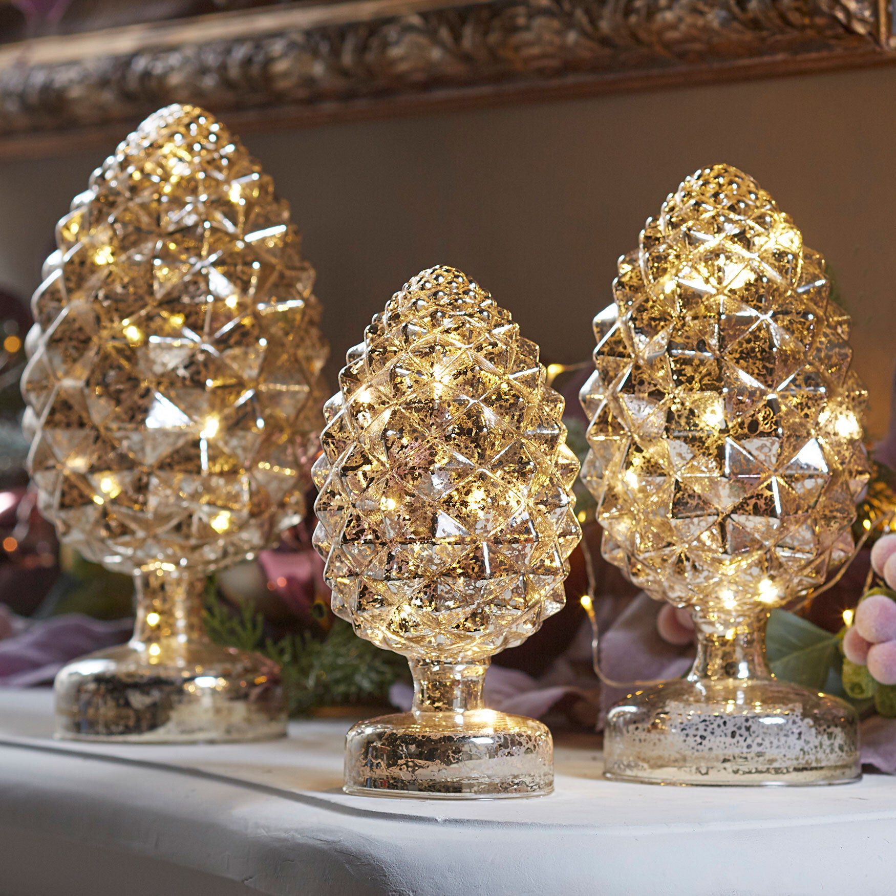 Pre-Lit Mercury Glass Pinecones, Set of 3