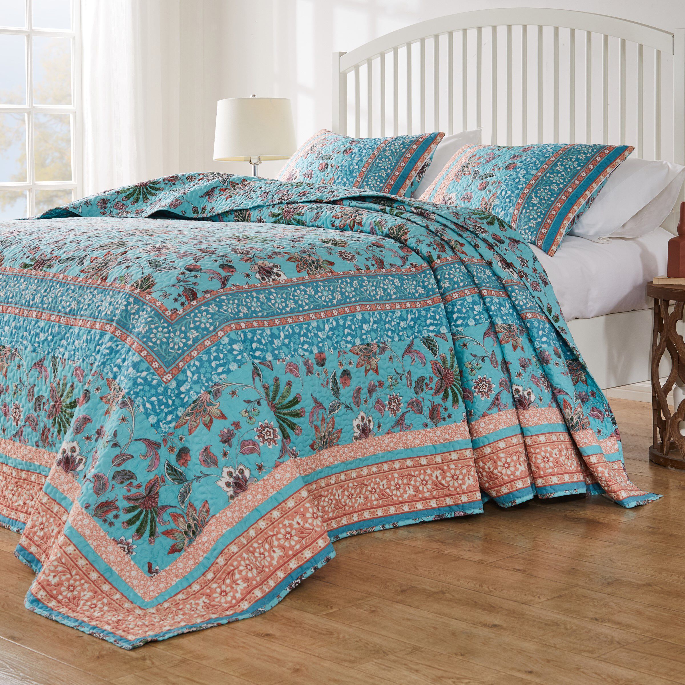Audrey Reversible Cotton-Rich Bedspread Set, TURQUOISE, alternate image number 1