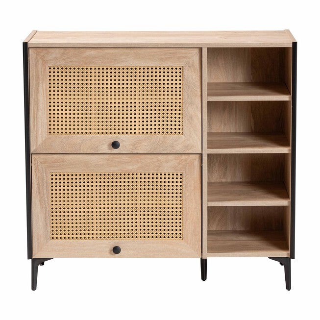 Malcolm Mid-Century Modern Oak Brown Wood Shoe Cabinet with Flipper Doors, OAK, alternate image number null