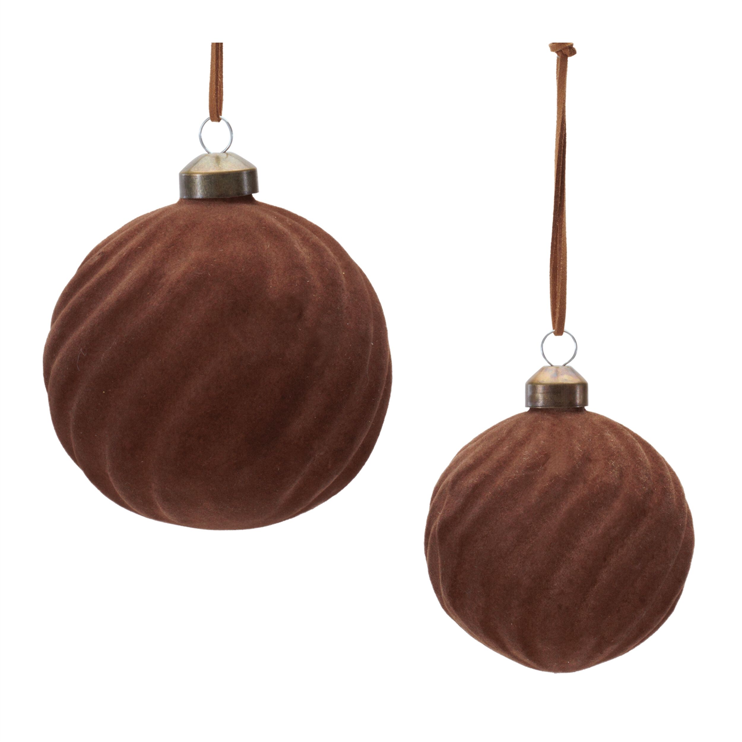 Flocked Ribbed Glass Ball Ornament (Set of 6), BROWN, hi-res image number 0