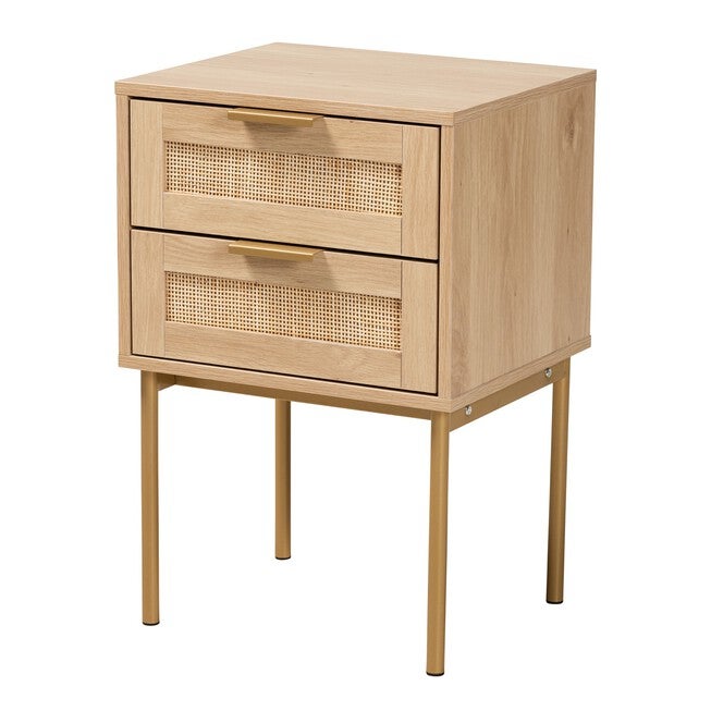 Dewitt Japandi Light Brown Finished Wood And Gold Metal 2-Drawer End Table, LIGHT BROWN, hi-res image number 0