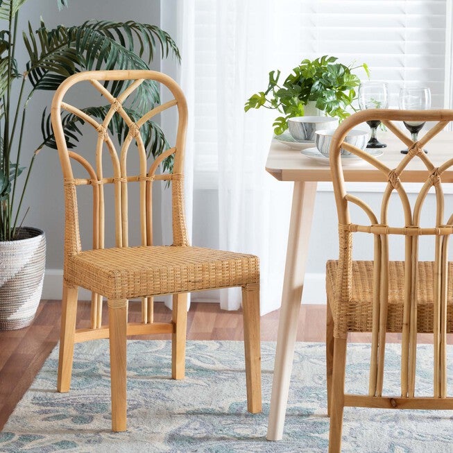 Monaco Modern Bohemian Oak Brown Finished Mahogany Wood And Natural Rattan Dining Chair, , alternate image number 7