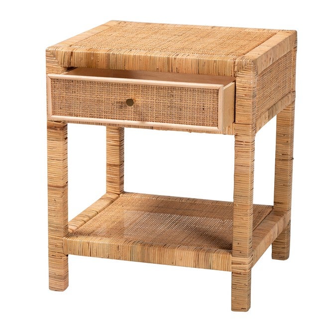 Adelia Modern Bohemian Natural Rattan And Mahogany Wood 1-Drawer Nightstand, , on-hover image number null