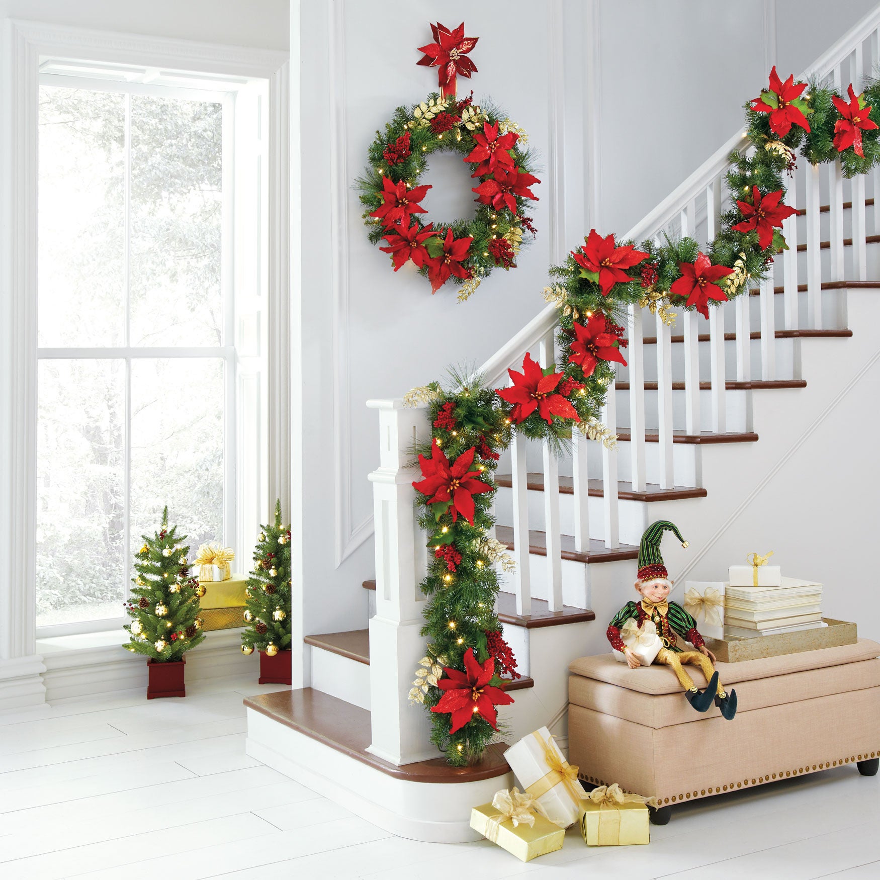 Pre-Lit Poinsettia 9' Garland, RED, on-hover image number 1