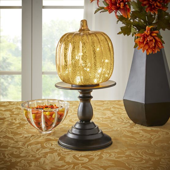 14½" Pre-Lit Glass Pumpkin on Metal Stand, , alternate image number null