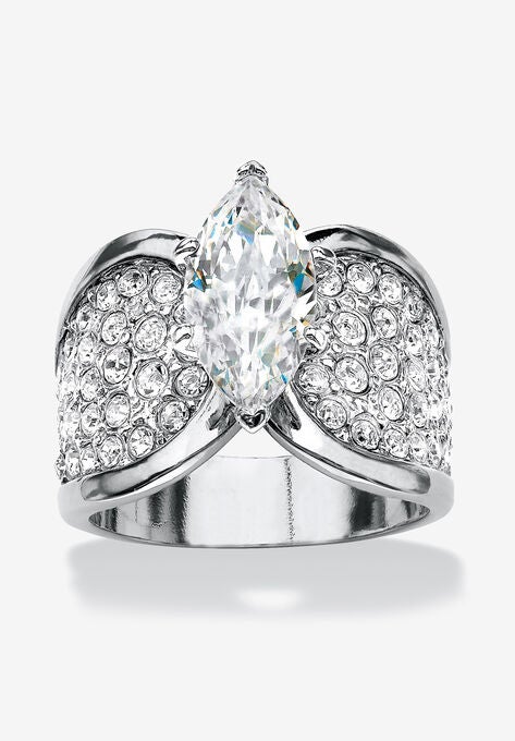 Platinum Plated Cubic Zirconia and Round Crystals Engagement Ring, SILVER, hi-res image number null