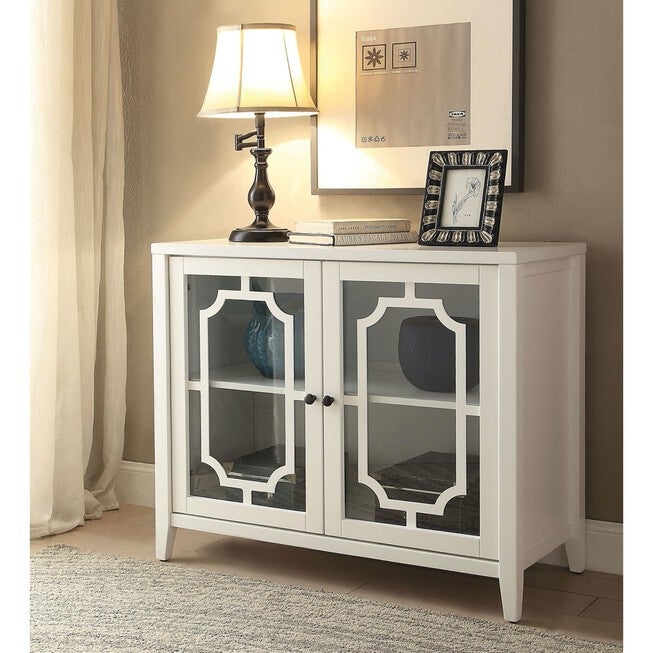 White console table with mirrored glass doors and decorative panels
