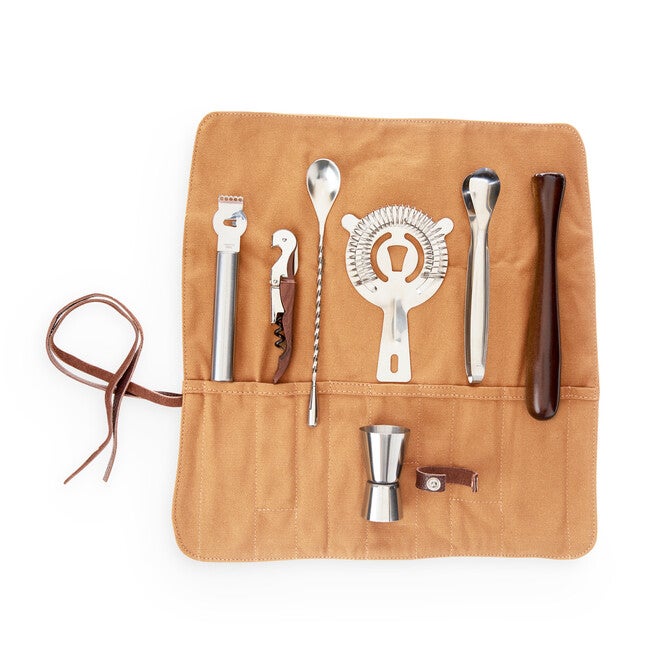 Canvas Roll-Up Cocktail Barware Kit, BROWN, hi-res image number 0