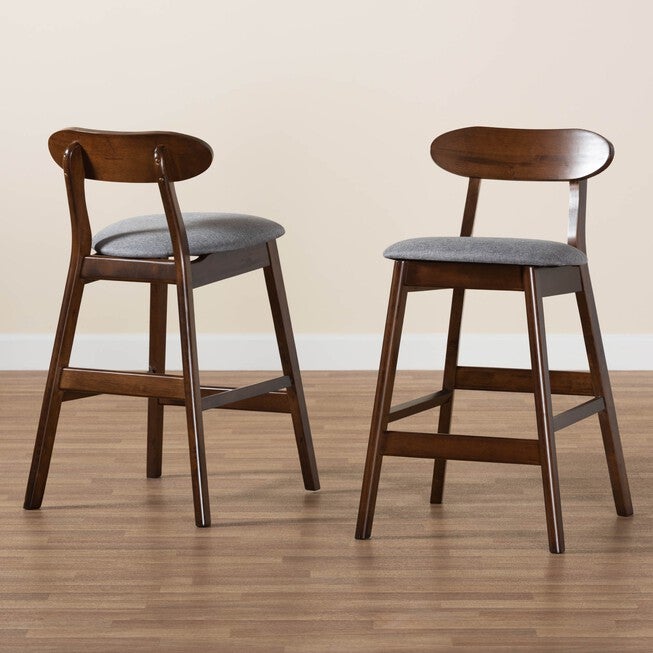 Ulyana Mid-Century Modern Grey Fabric And Natural Brown Finished Wood 2-Piece Counter Stool Set, , alternate image number 13