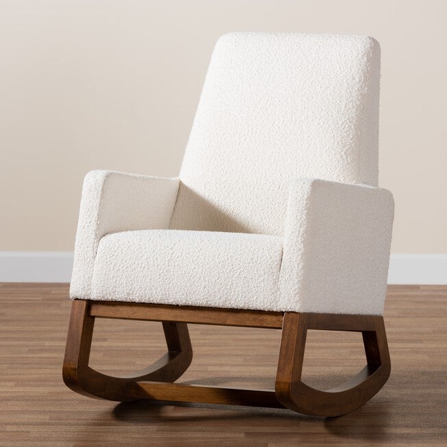 Yashiya Mid-Century Modern Off-White Boucle Upholstered And Walnut Brown Finished Wood Rocking Chair, , alternate image number 8