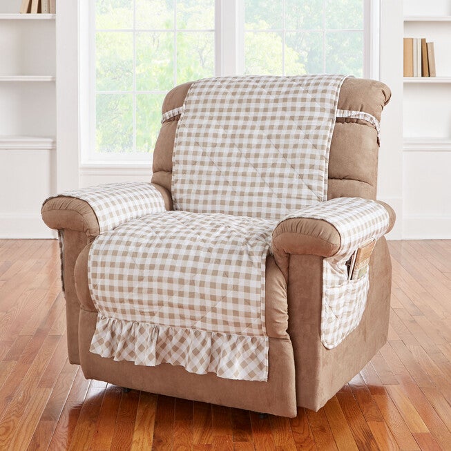 Gingham Ruffled Waterproof Microfiber Recliner Protector, TAUPE WHITE, hi-res image number null
