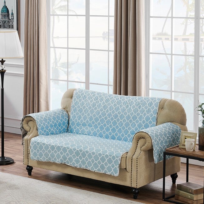 Cruz armchair furniture protector aqua lattice pattern on seat and arms