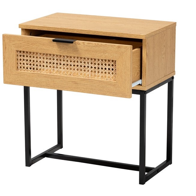 Sawyer Mid-Century Modern Industrial Oak Brown Finished Wood And Black Metal 1-Drawer End Table With Natural Rattan, , on-hover image number null