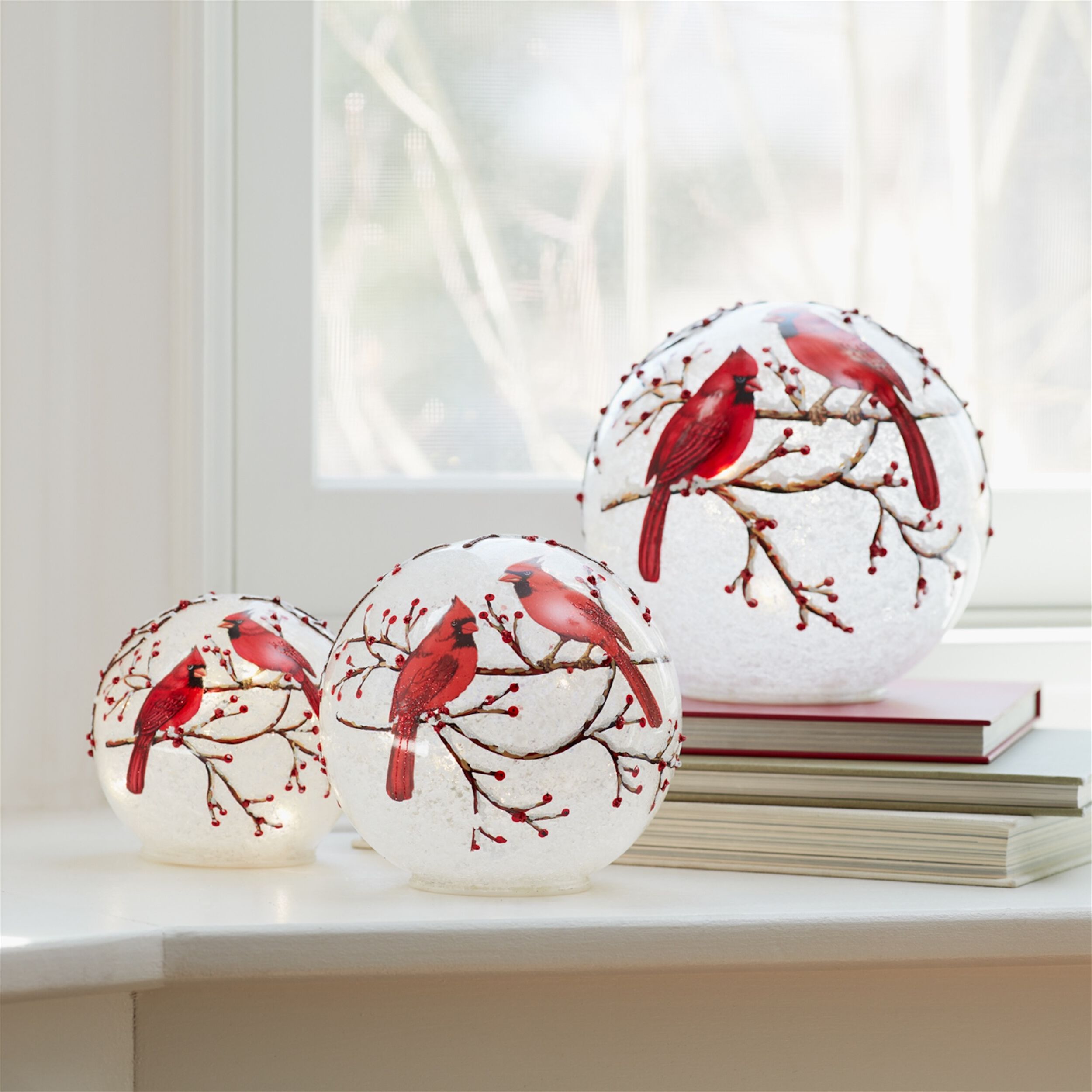 LED Frosted Cardinal Orb with Berry Branch Design (Set of 3), WHITE RED, alternate image number 5
