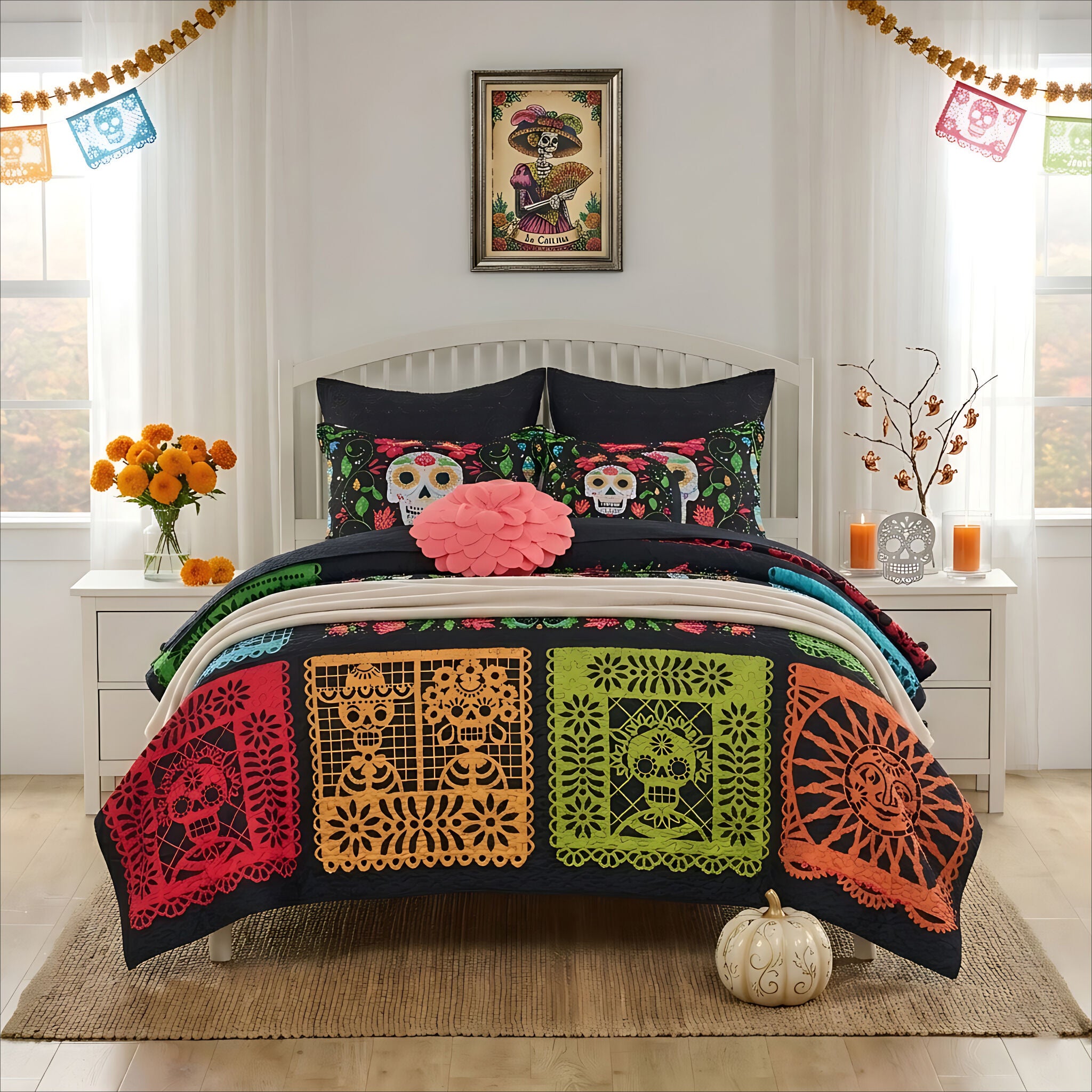 Day of the Dead Traditional Novelty Skull Quilt Set, MULTI, hi-res image number 0