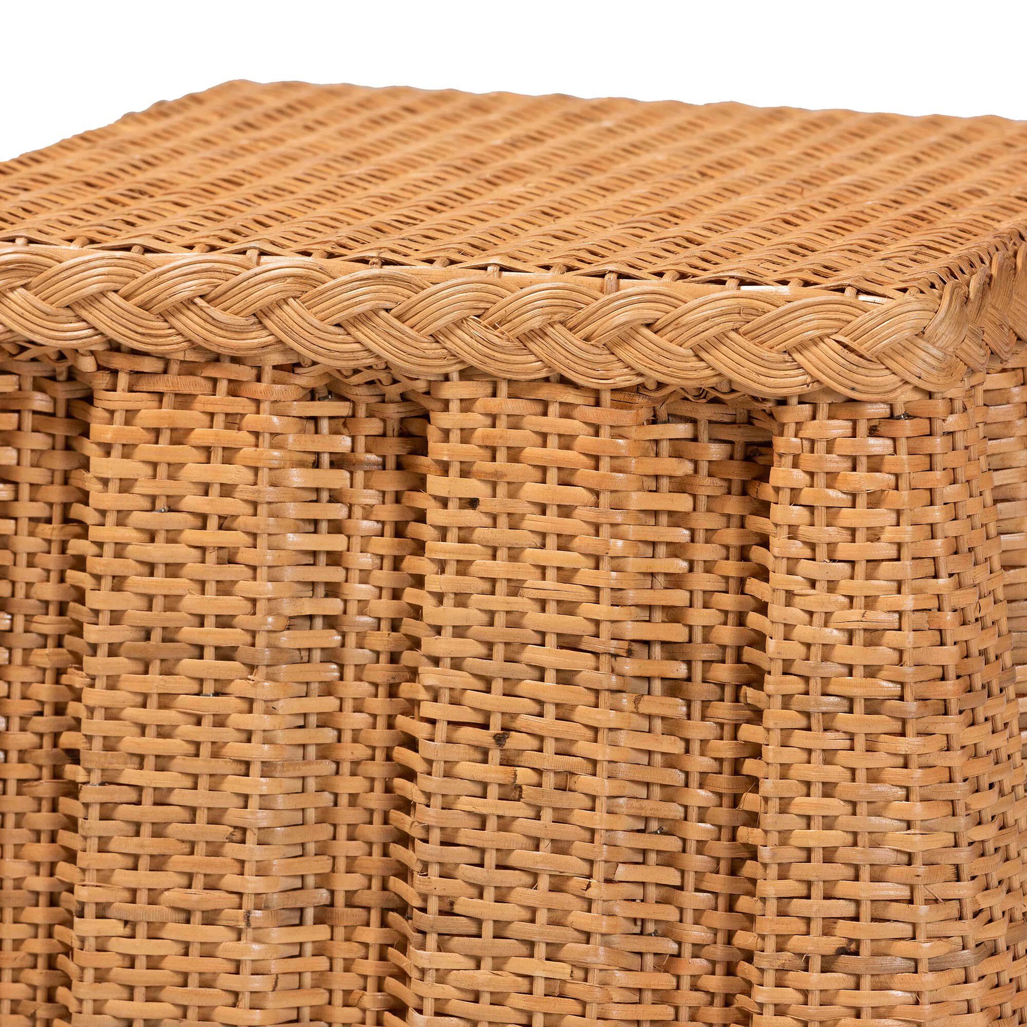 Close-up of braided rattan trim and woven pattern on natural rattan end table